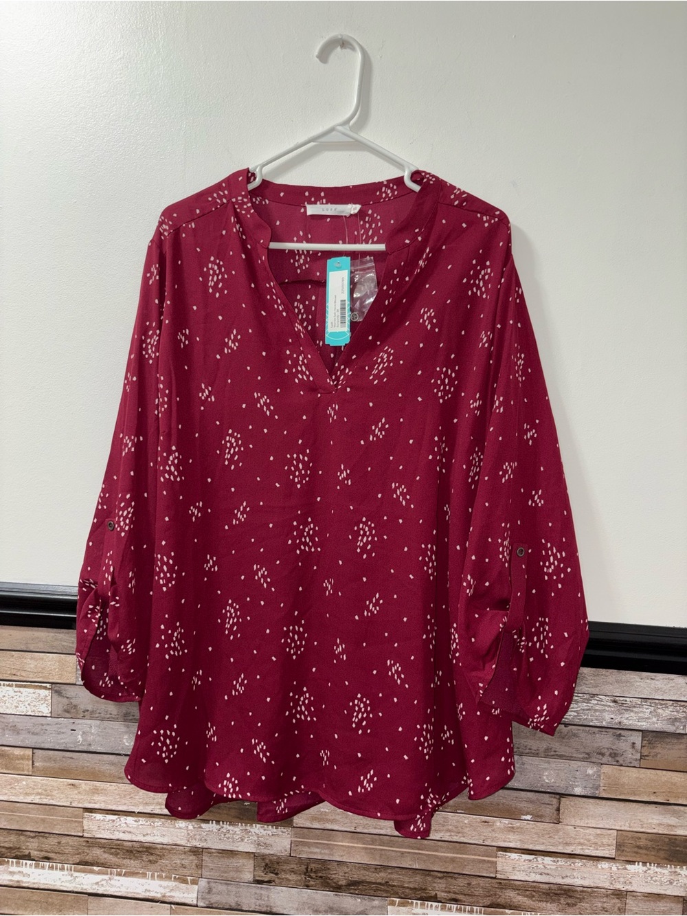 Lush Burgundy Dot-Print Split V-Neck Blouse Size 3X NWT